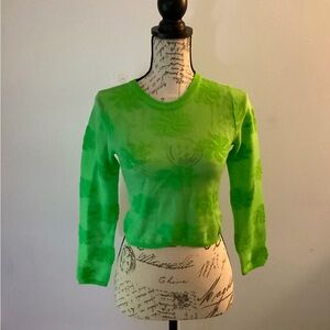 NWOT Zara Mesh/Acrylic Sheer Lime Green Floral Cropped Long Sleeve Top Size S